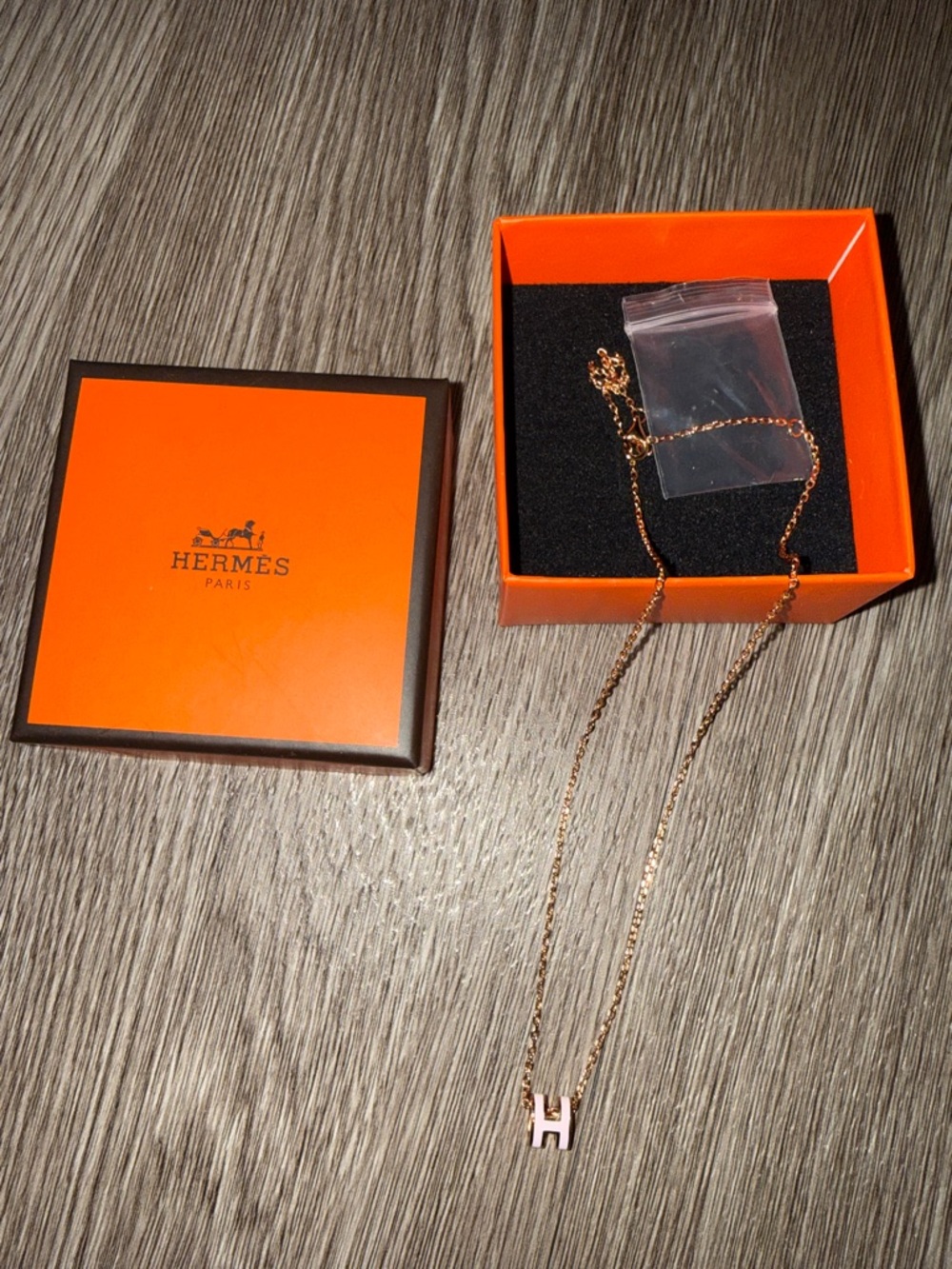 Hermès Rose Gold H Pendant Necklace with Orange Box